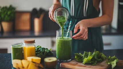 Woman preparing a healthy smoothie in the kitchen, fresh ingredients on the counter, focus on health and wellness.