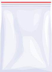 Realistic empty transparent plastic zipper bag with a red stripe is isolated on white