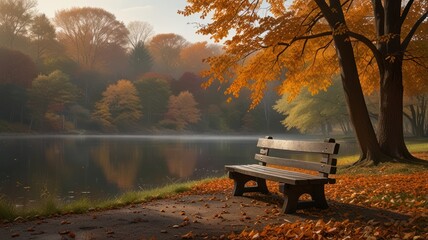 A wooden bench sits by a lake with autumn leaves scattered on the ground and trees with colorful foliage in the background.
