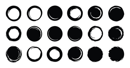Hand-Drawn Circular Brush Stroke Frames – Grunge and Ink Textures Set on white background