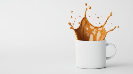 Coffee splash from a white mug, isolated on a clean background.