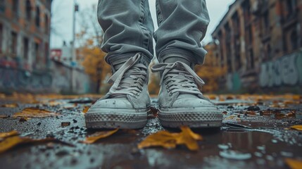 A close-up perspective of a person wearing white sneakers standing in the middle of a graffiti-decorated alleyway with autumn leaves scattered on wet ground