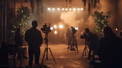 Fototapeta premium Detailed look at video shooting production, showcasing organized chaos and expertise involved.