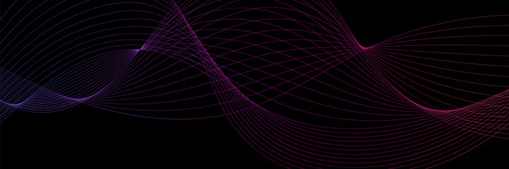 Abstract wavy dynamic blue green violet light lines curve banner on black background in concept technology, neural network, neurology, science, music, neon light