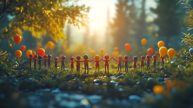 3. A festive outdoor event with energetic people from all age groups, holding hands in a circle of unity, surrounded by nature, balloons, and joyful interaction in a bright and cheerful atmosphere 