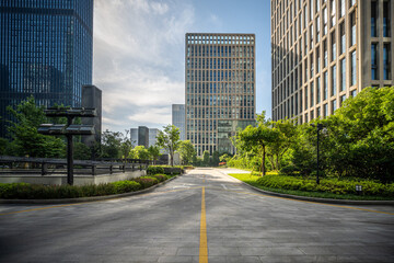 Modern Urban Landscape with Lush Greenery and Skyscrapers
