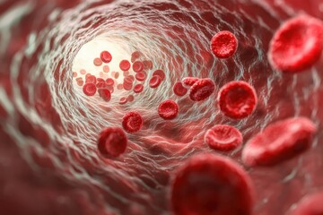 Cholesterol accumulation on blood vessel walls, red blood cells in motion, 3D illustration 