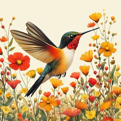 Vibrant Hummingbird Amid Colorful Floral Scene