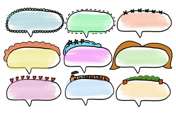 Fototapeta premium Hand drawn picture of cute colorful speech bubbles, designed for adding texts or words. Illustration for education.