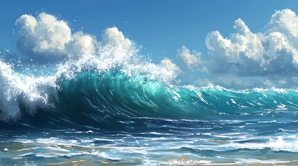 Fototapeta premium A large wave crashes against the shore on a sunny day. The sky is blue and there are puffy white clouds.