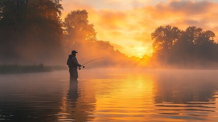 Fototapeta premium Tranquil Fisherman at Dawn by the River