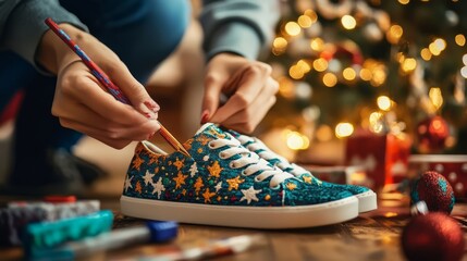 Hand-Painted Sneakers with Starry Design as a Creative Holiday Gift Idea in a Festive Christmas Setting