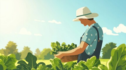 Farmer gathering fresh produce, bright day, clean background, minimal elements, copy space