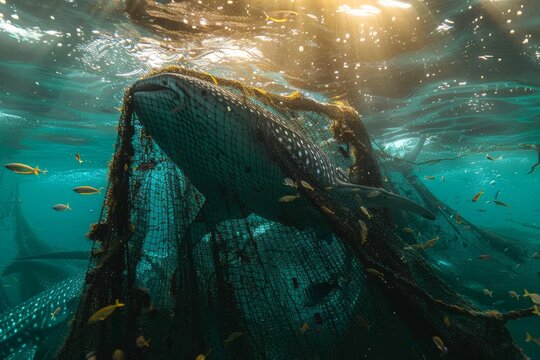 Haunting underwater scene of marine life trapped in a fishing net amidst pollution and debris