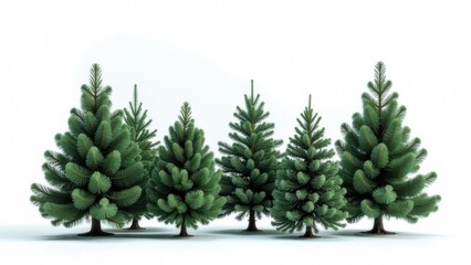 A cluster of six lush evergreen trees arranged in a natural setting surrounded by bright white background
