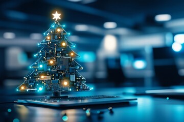 Tech-Themed Christmas: A Glowing Circuit Board Tree Illuminates the Office, New year banner with copy space