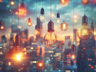 Elegant Hanging Bulbs Against Urban Skyline at Dusk