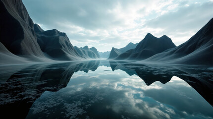 Serene arctic landscape with snow-capped mountains reflected in still waters, ethereal sky and clouds creating a dreamlike, mirror-like vista