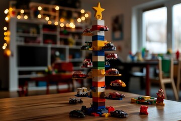 Creative Christmas Tree Made of Colorful Toy Bricks and Cars in Cozy Holiday Setting, New year banner with copy space