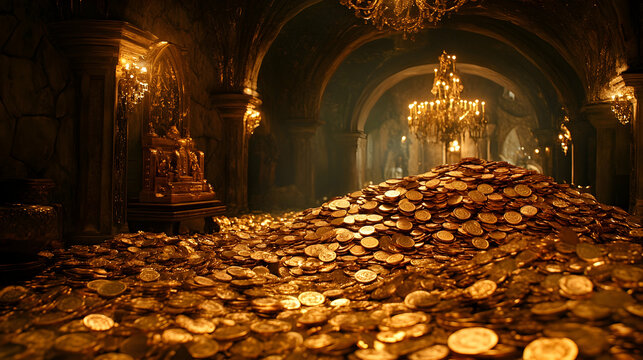 Piles of Glittering Gold Coins Stacked High in an Ornate Royal Chamber, Illuminated by Warm Chandeliers and Golden D&eacute;cor. Generative AI