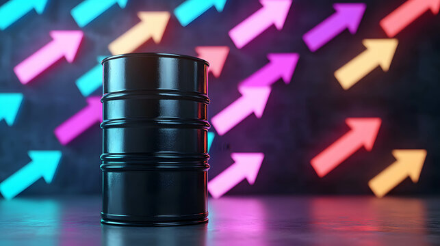 oil barrel with a backdrop of multi-colored arrows pointing up or upward, indicating rising oil prices and demand.