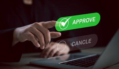 businessman presses a green virtual 