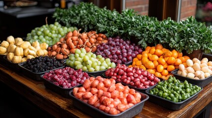 Obraz premium A vibrant assortment of various fresh fruits and vegetables, meticulously arranged on a wooden table with leafy greens in the background