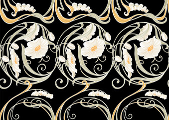 Decorative flowers and leaves in art nouveau style, vintage, old, retro style. Seamless pattern, background. Vector illustration. In art nouveau style, vintage, old, retro style.