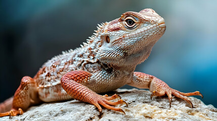 Obraz premium A Close-Up View of a Red-Orange and White Lizard with Spiky Skin Perched on a Rock, Looking Up and to the Left