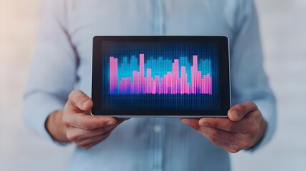 A person holds a tablet displaying a colorful audio waveform, representing sound analysis or music visualization in a modern setting.