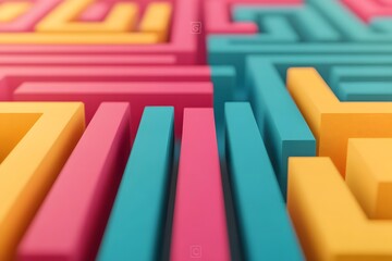 A vibrant, abstract maze design featuring bold colors of pink, yellow, and teal, showcasing a playful and modern aesthetic.