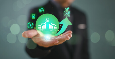 Green energy sustainable concept. Company development low cost to high profit for sustainability enterprise. Arrow up growth graph green energy power, recycle icon. Investment business financial