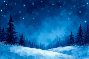 Fototapeta premium Magical winter night sky with twinkling stars over snowy forest landscape