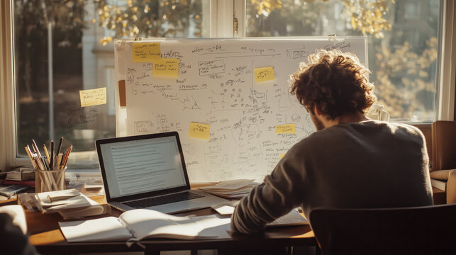A PhD student studying at his desk focusing on writing his research with laptop, notebook, handwritten notes, diagrams, scrattered academic papers and large whiteboard. High education concept	

