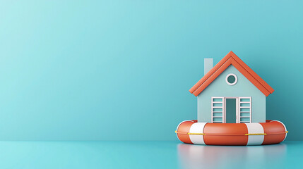 3D house is floating on lifebuoy, symbolizing flood insurance and safety. vibrant colors create cheerful and reassuring atmosphere