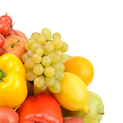 Fruits and vegetables isolated on a white. Free space for text.