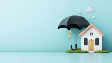 3D house is sheltered under large black umbrella, symbolizing protection from lightning. scene is calm yet dramatic, with light blue background and playful clouds