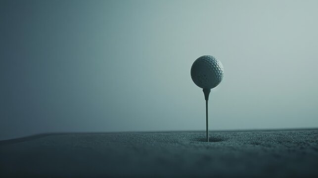A dramatic image of a singular golf ball perched atop a tee, bathed in soft light against a minimalist background.