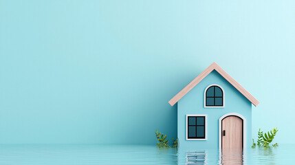 3D house surrounded by water symbolizes importance of flood protection and insurance. This highlights need for safety measures against flooding