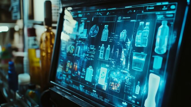 A futuristic interface displaying various beverage containers and data, likely for inventory or analysis purposes.