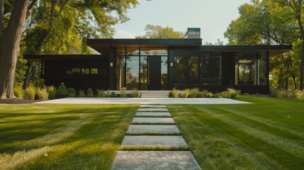 Fototapeta premium A sleek, modern home in a tranquil green setting, with floor-to-ceiling windows and a minimalist pathway leading to the entrance, showcasing contemporary elegance.
