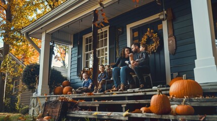A family enjoys autumn on their porch, surrounded by pumpkins and festive decorations, under the vibrant fall foliage.