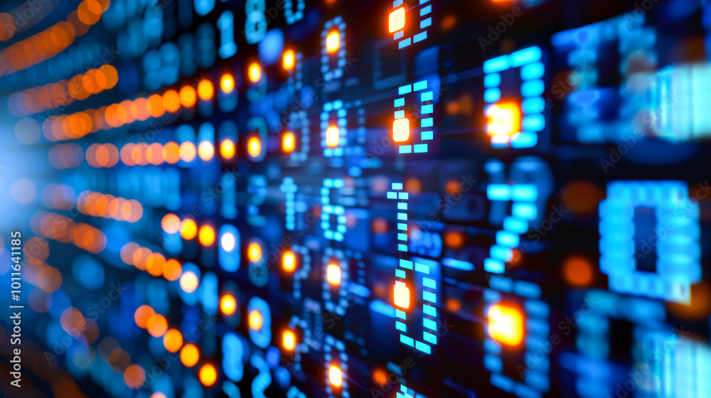 Fototapete dynamic digital display of data in vibrant colors. brightly lit digital numbers and patterns form an