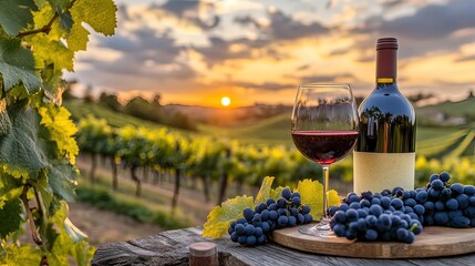 Wine Tasting in a Vineyard at Sunset