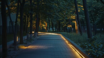 Fototapeta premium A serene, illuminated forest walkway winds through tall trees, creating a peaceful and inviting evening ambiance.