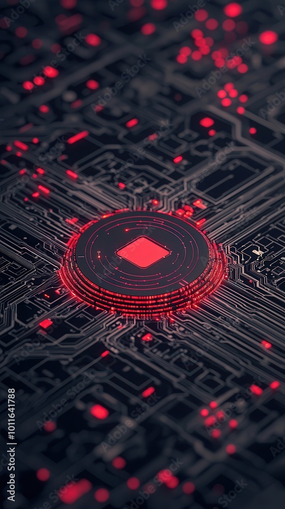 Canvas Prints Red Circuit Board with Glowing Square.