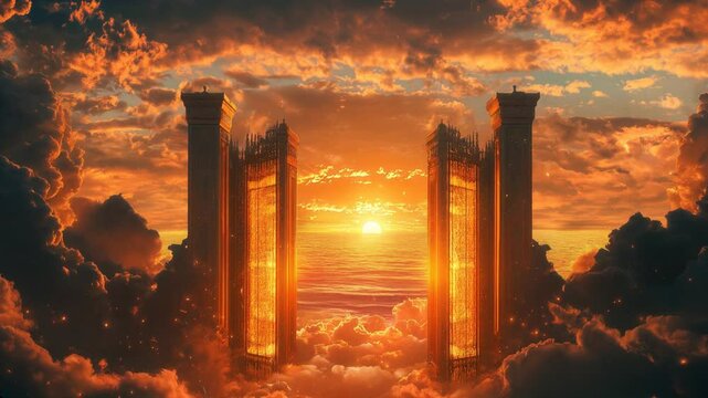 The Gates of Heaven stand majestically, bathed in a radiant golden light, their ornate design glistening with divine brilliance. Beyond the gates, an ethereal glow suggests a realm of eternal peace.