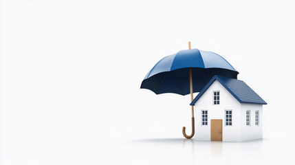 house under blue umbrella symbolizes protection and security in minimalist design. This conveys sense of safety and comfort, ideal for concepts related to home insurance or shelter