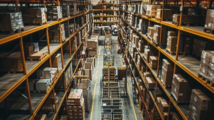 Fototapeta premium A vast warehouse with tall shelves stocked full of boxes, creating an organized maze of products ready for distribution.