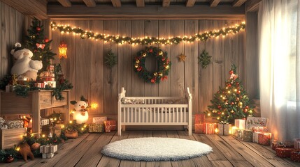Obraz premium Cozy nursery decorated for Christmas, featuring a crib and a beautifully adorned tree with lights, surrounded by festive ornaments and a warm, inviting atmosphere.